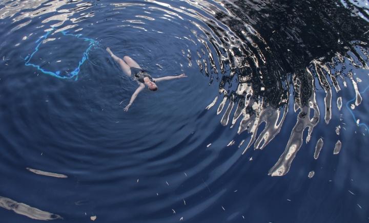Floating in the frosty water of Blue Hole.